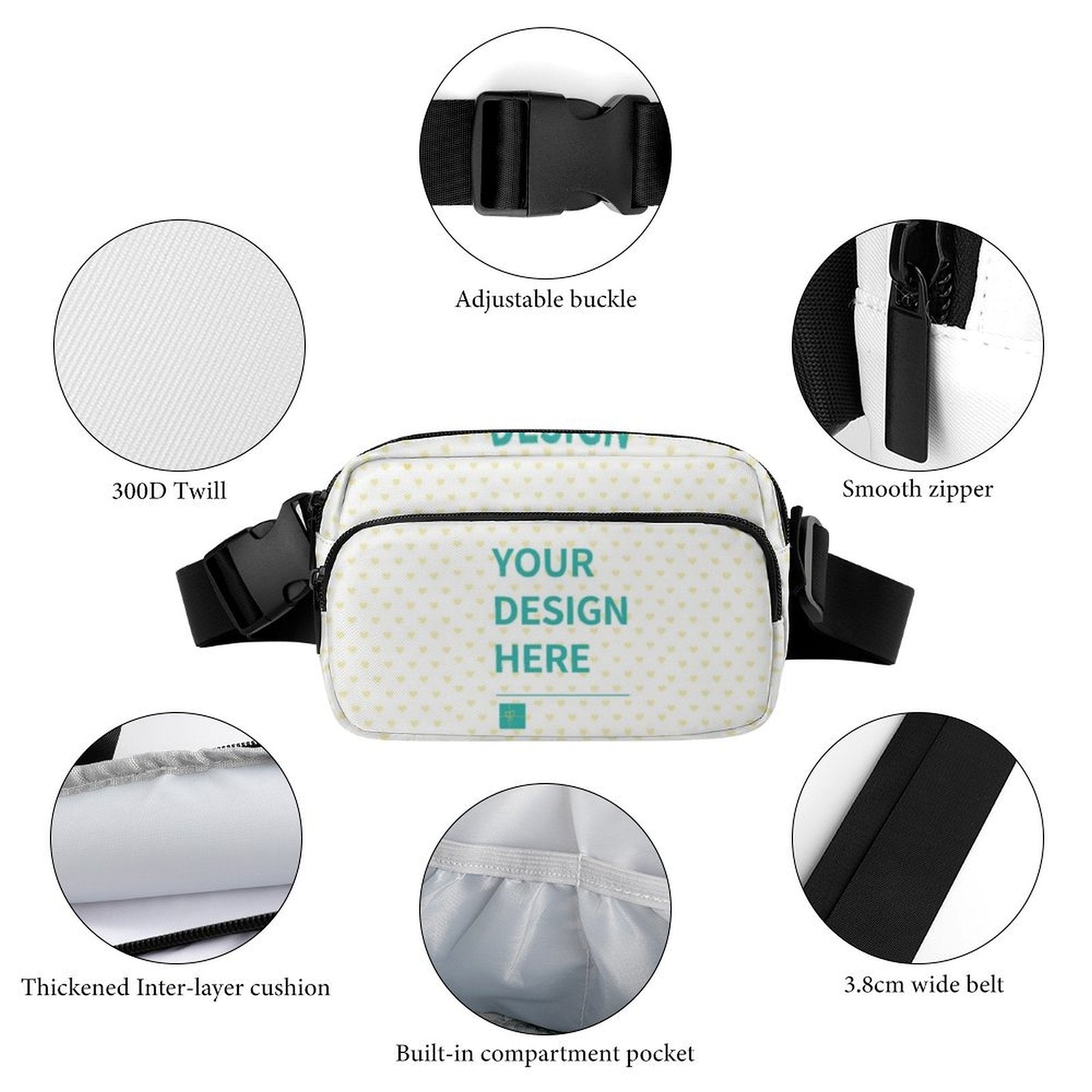 Personalized fanny pack for travel, running, cycling, hiking, sports. Customizable with 'YOUR DESIGN HERE'.