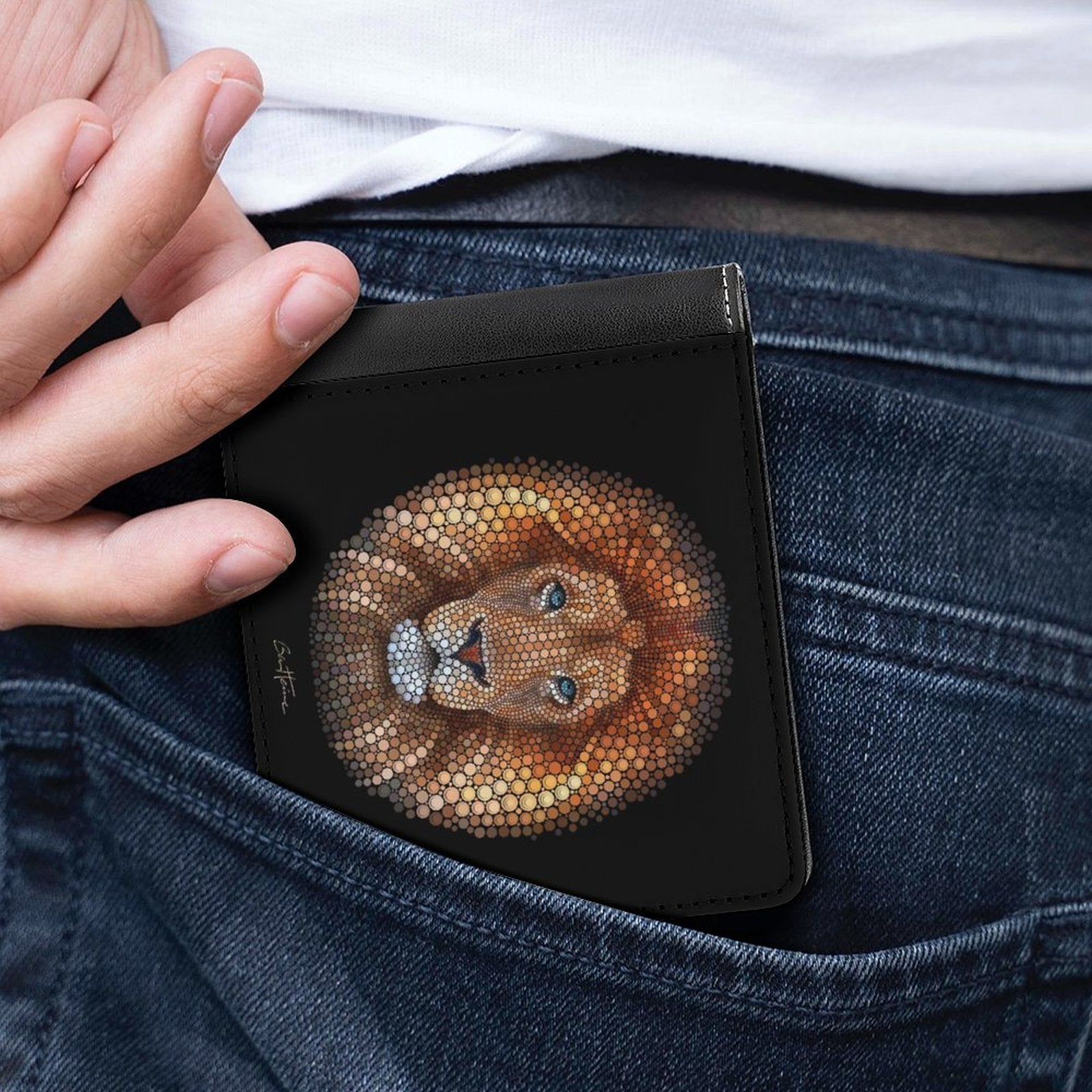Men's black PU leather bifold wallet with mosaic lion art, stylish and portable