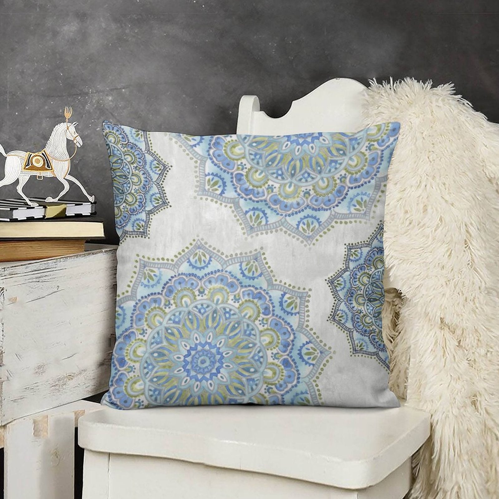 Soft plush throw pillow cover with blue mandala pattern, ideal for sofa and living room decoration, from MyArtsyGift