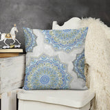 Plush throw pillow cover with blue mandala design for sofa, couch, or living room; soft and decorative.