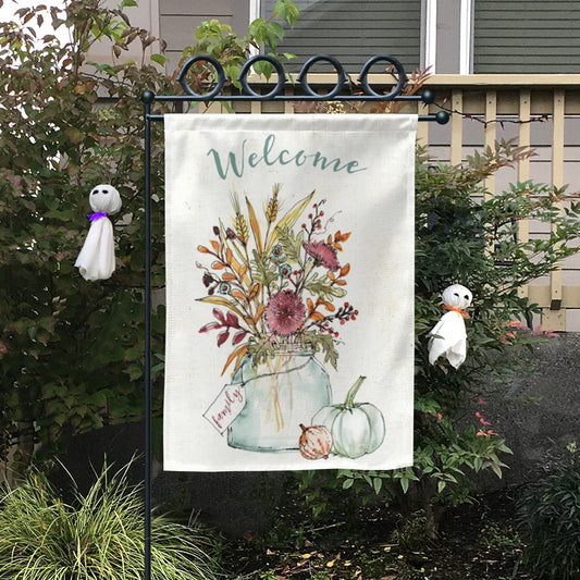 Double-sided garden flag, 'Welcome' with pumpkins and floral design, perfect for outdoor decor.