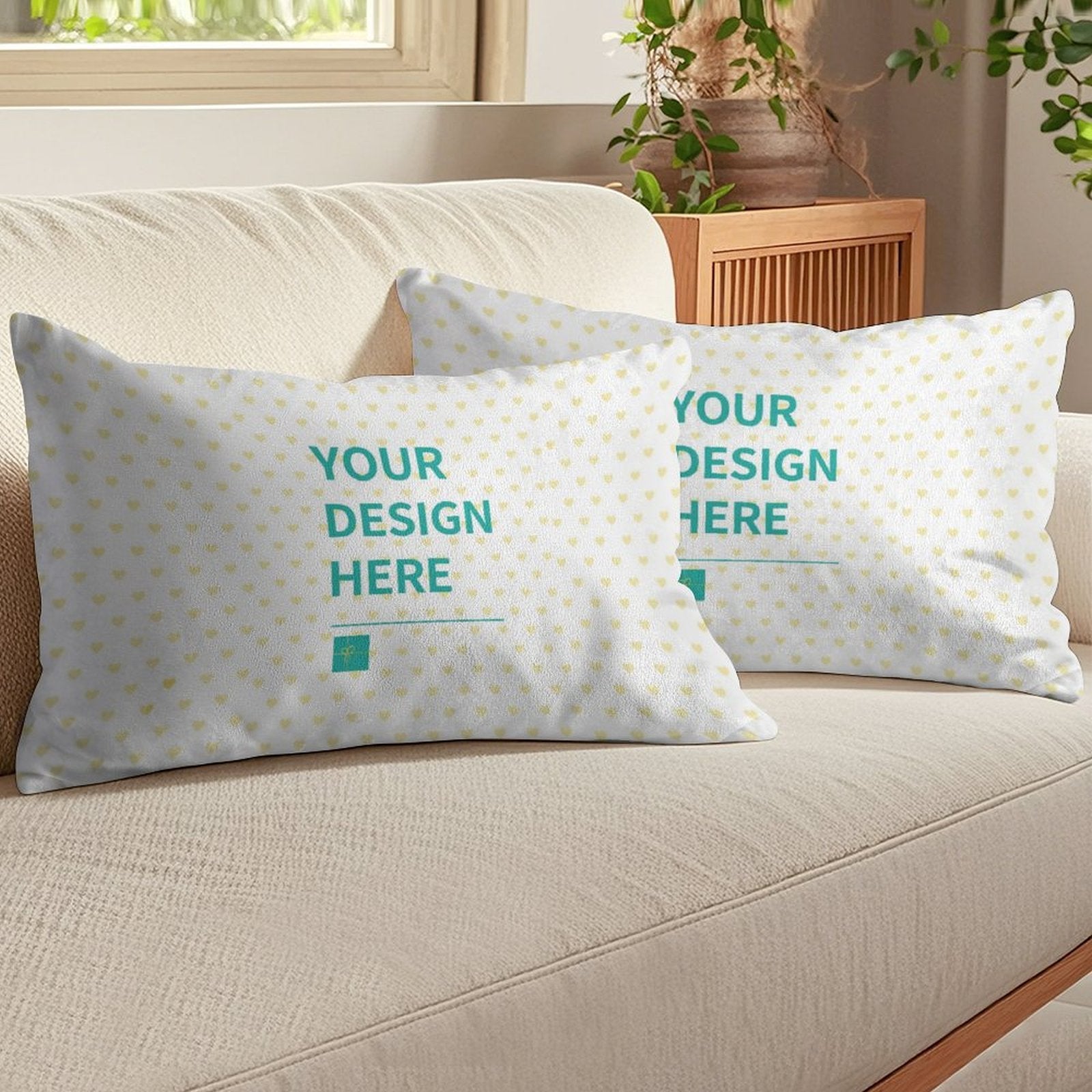 Customizable golden velvet pillow case set of 2 with 'Your Design Here' text, perfect for home decor.