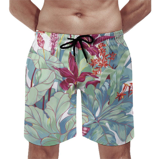 Men's Hawaiian swim trunks with floral print, drawstring and mesh lining