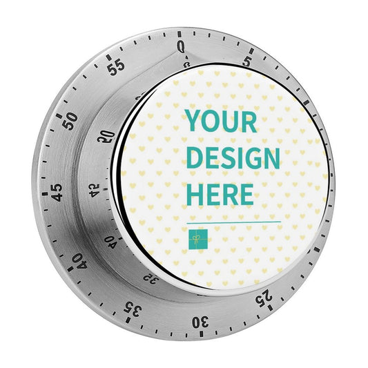 Customizable stainless steel kitchen timer with 'YOUR DESIGN HERE' design, perfect for school kitchens, up to 60 minutes.