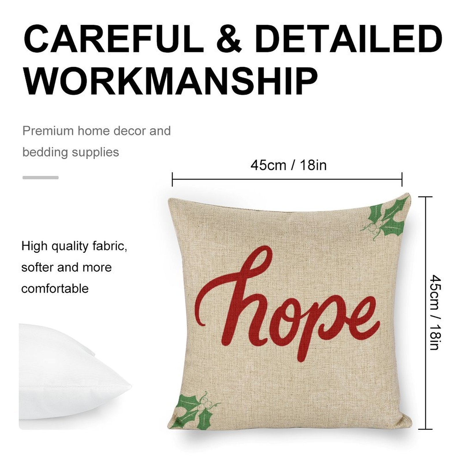 Christmas pillow cover, linen, with 'hope' text, 18x18 inches, sofa cushion