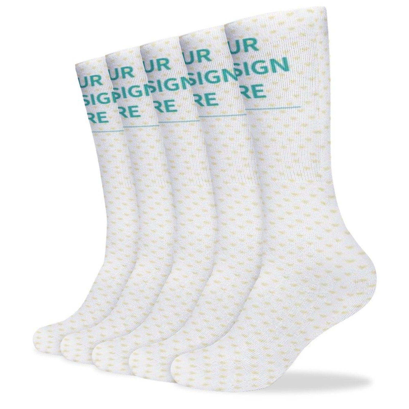 Custom white socks with yellow hearts and personalized text, perfect for Christmas and personalized gifts