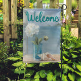 Coastal Welcome Garden Flag with white peony and seashell art.