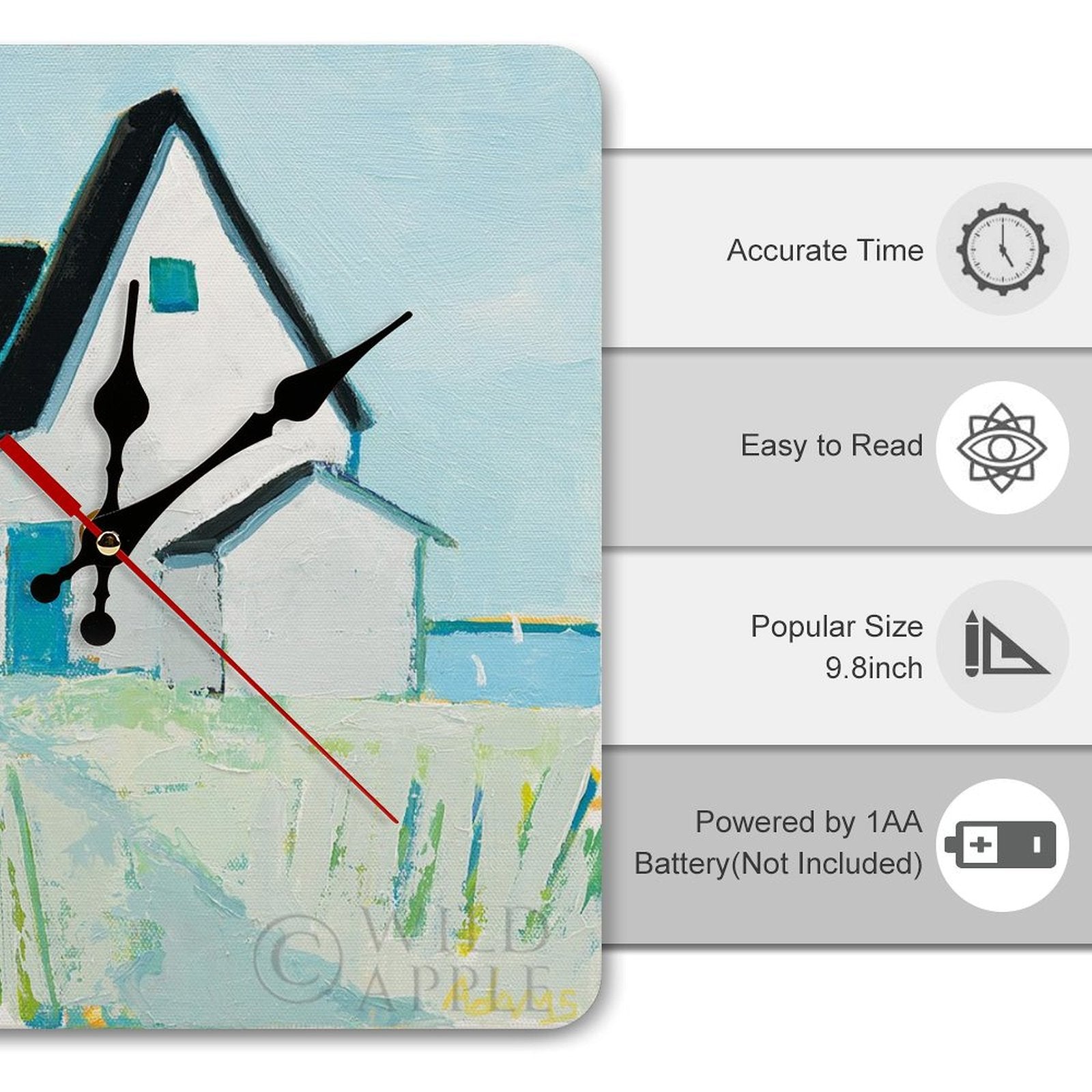 Square wooden wall clock with coastal cottage art, 9.8 inch size, powered by 1AA battery, perfect home decor