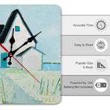 Square wooden wall clock with coastal cottage art, 9.8 inch size, powered by 1AA battery, perfect home decor