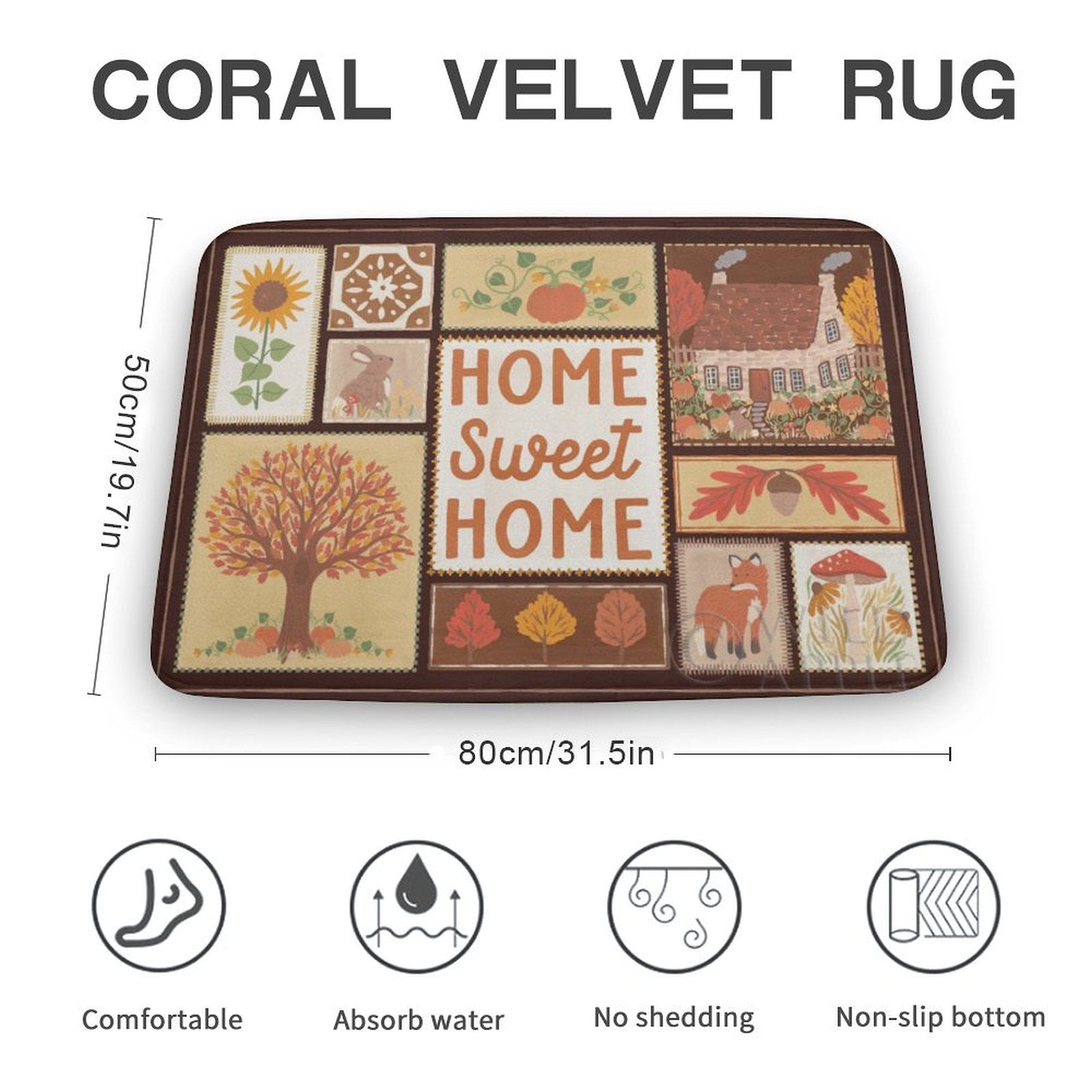 Coral velvet rug with HOME Sweet HOME design, perfect for bathroom or kitchen. Features non-slip and water absorption.