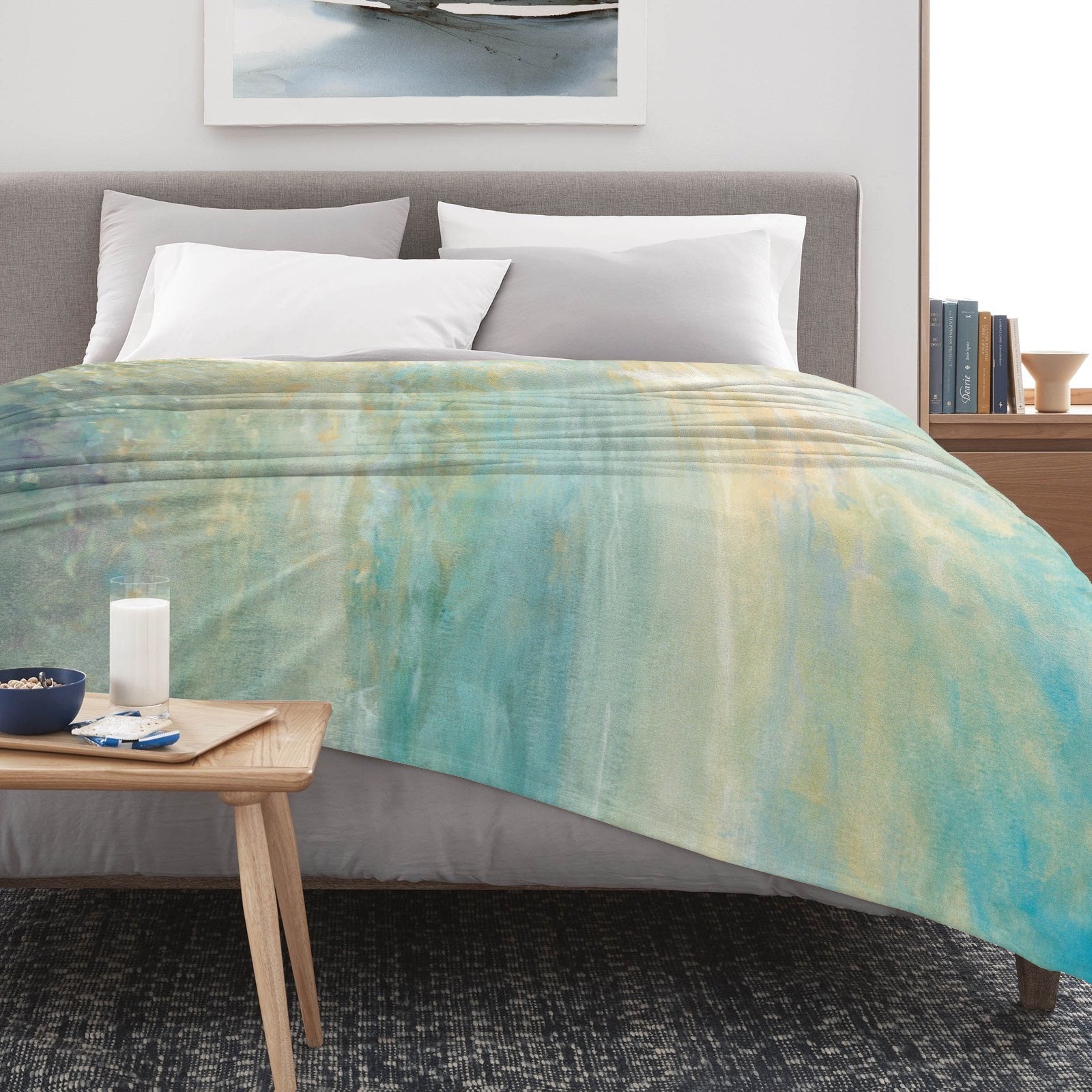 Beach sunrise flannel blanket with artistic ocean scene, soft polyester, perfect for cozy bedroom decor, Made in USA