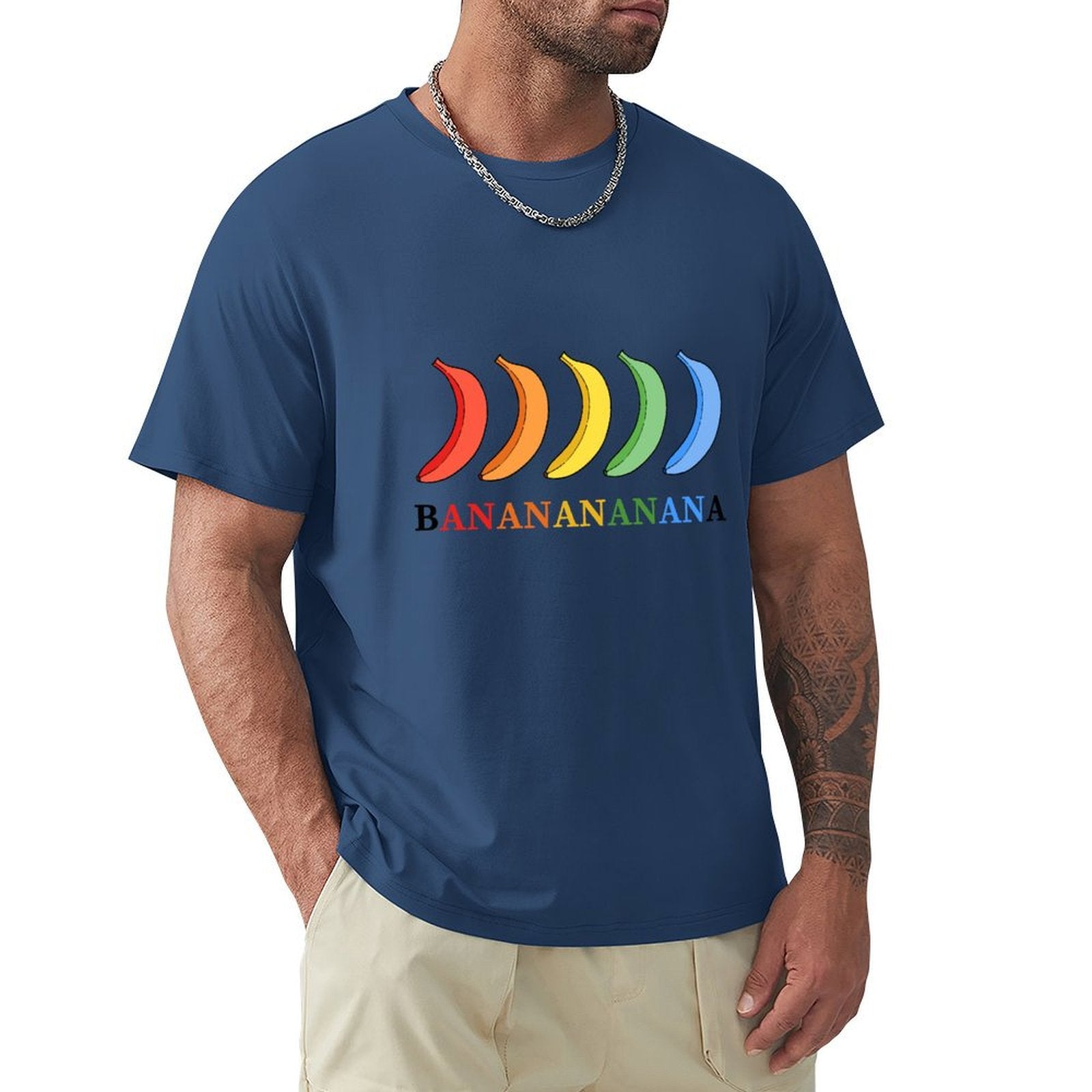 Men's blue cotton t-shirt with rainbow banana graphic, MyArtsyGift, classic tee.
