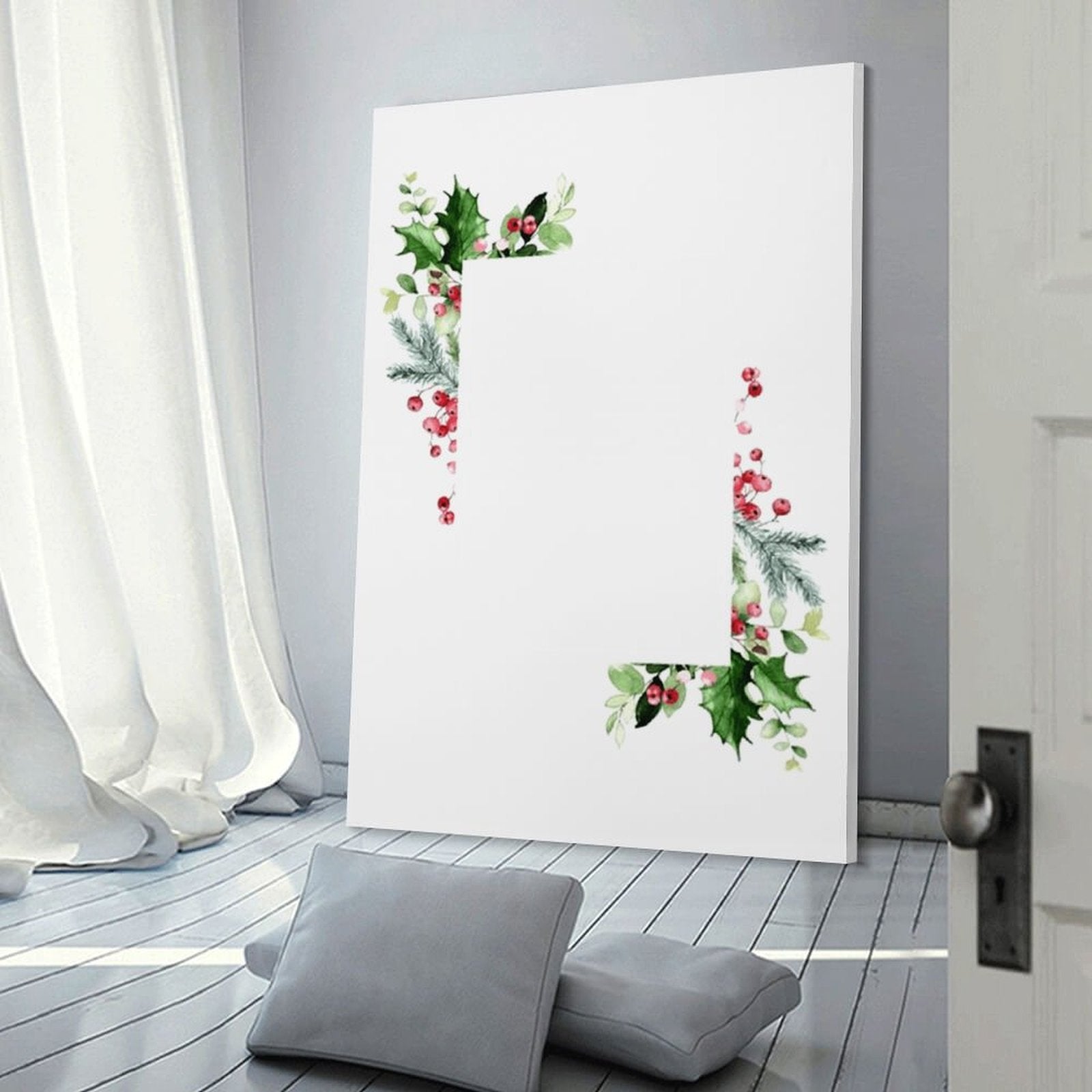 Customizable blank canvas with watercolor holly and berries border for personalized gifts, MyArtsyGift