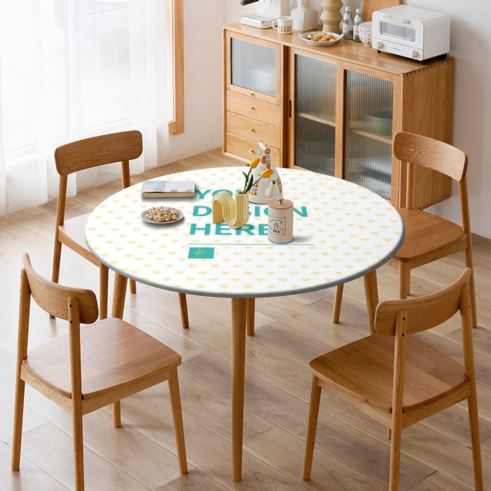 Personalized round table cover, "Your Design Here" text with heart pattern. Waterproof Oxford cloth.