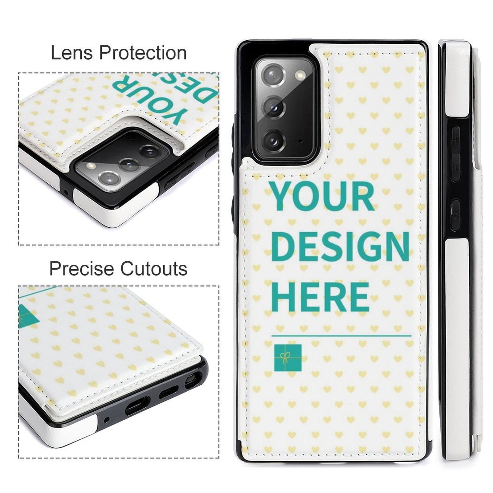 Customizable Samsung Galaxy Note20 PU leather flip cover wallet case with your design, heart pattern, and card slots