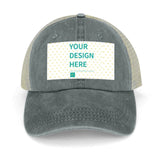 Custom denim baseball cap with 'YOUR DESIGN HERE' design, mesh back, MyArtsyGift.