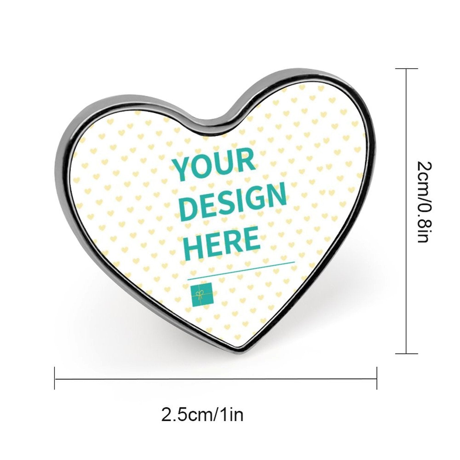 Customizable heart-shaped alloy lapel pin with 'Your Design Here' text, perfect for personalized gifts.