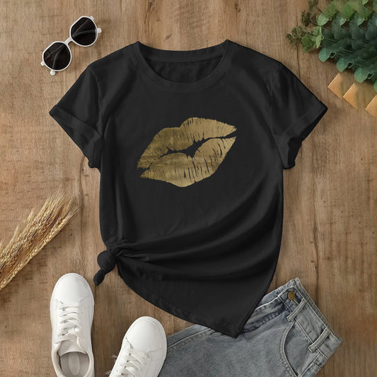 Black women's t-shirt with gold lips print, casual outfit, MyArtsyGift