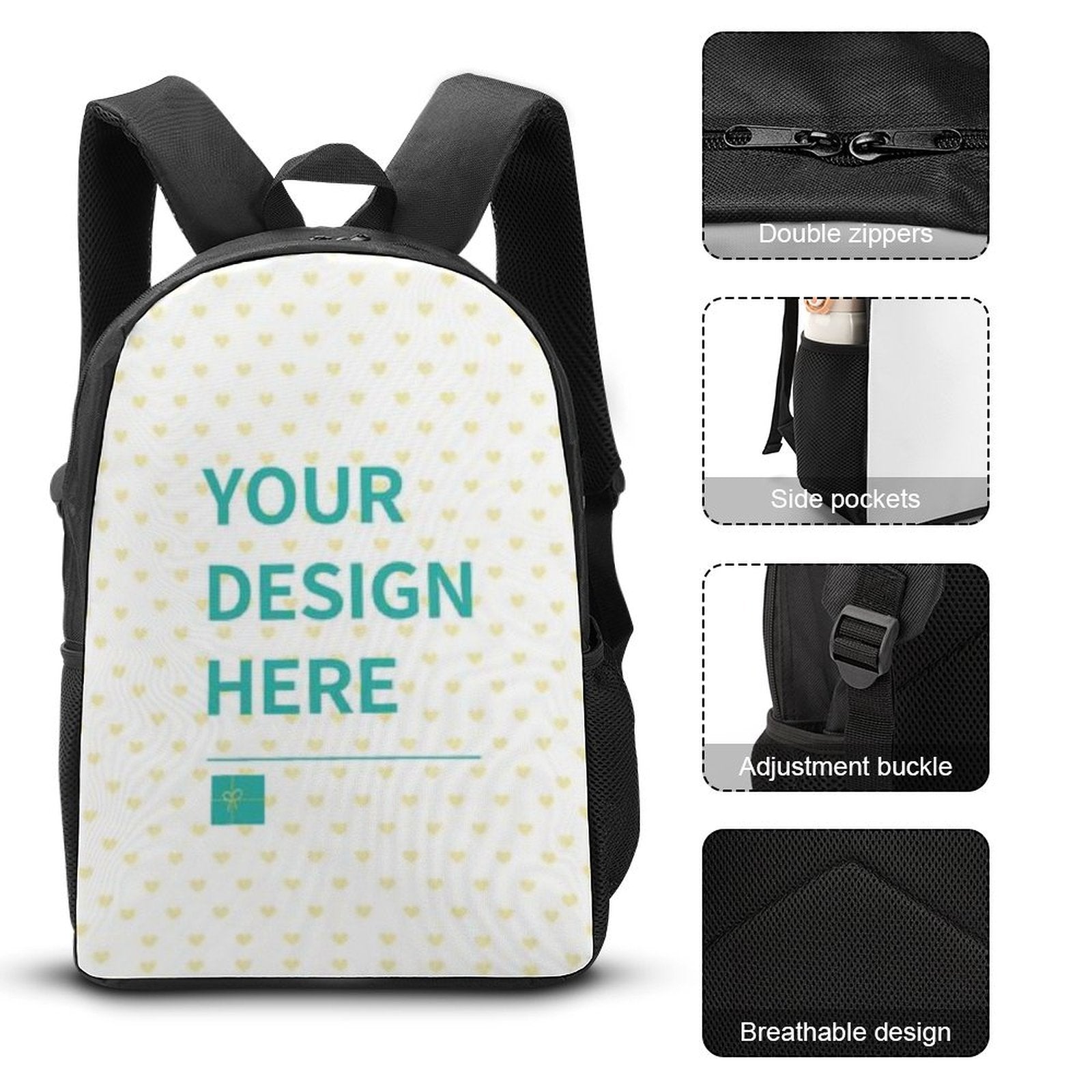 Personalized school backpack set, customizable design, includes lunch bag and pencil case.
