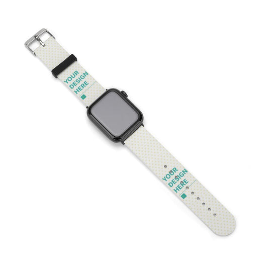 Customizable white silicone Apple Watch band with "YOUR DESIGN HERE" printed, perfect for personalized gifts.