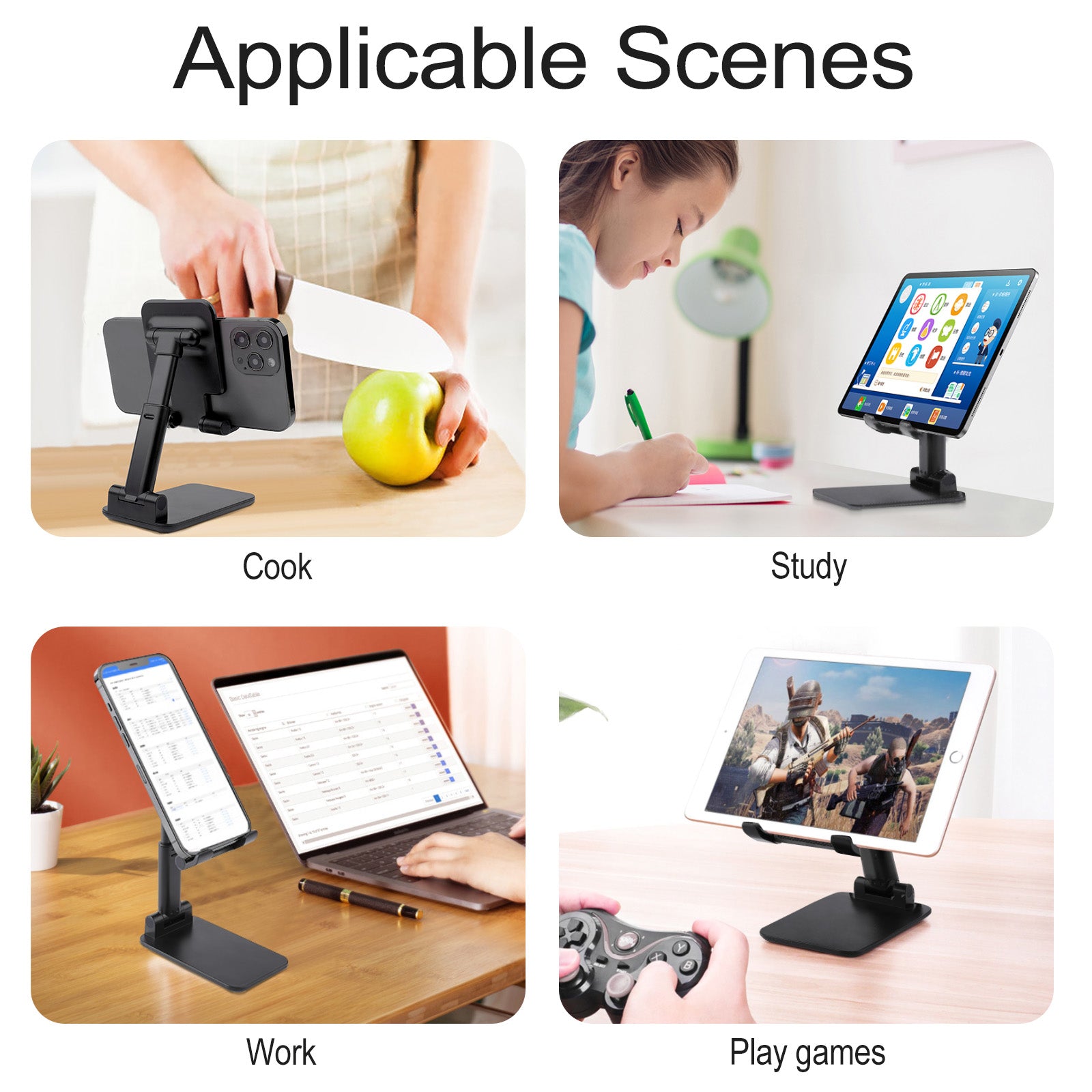 Foldable phone and tablet stand applicable in cooking, studying, working, and gaming scenarios
