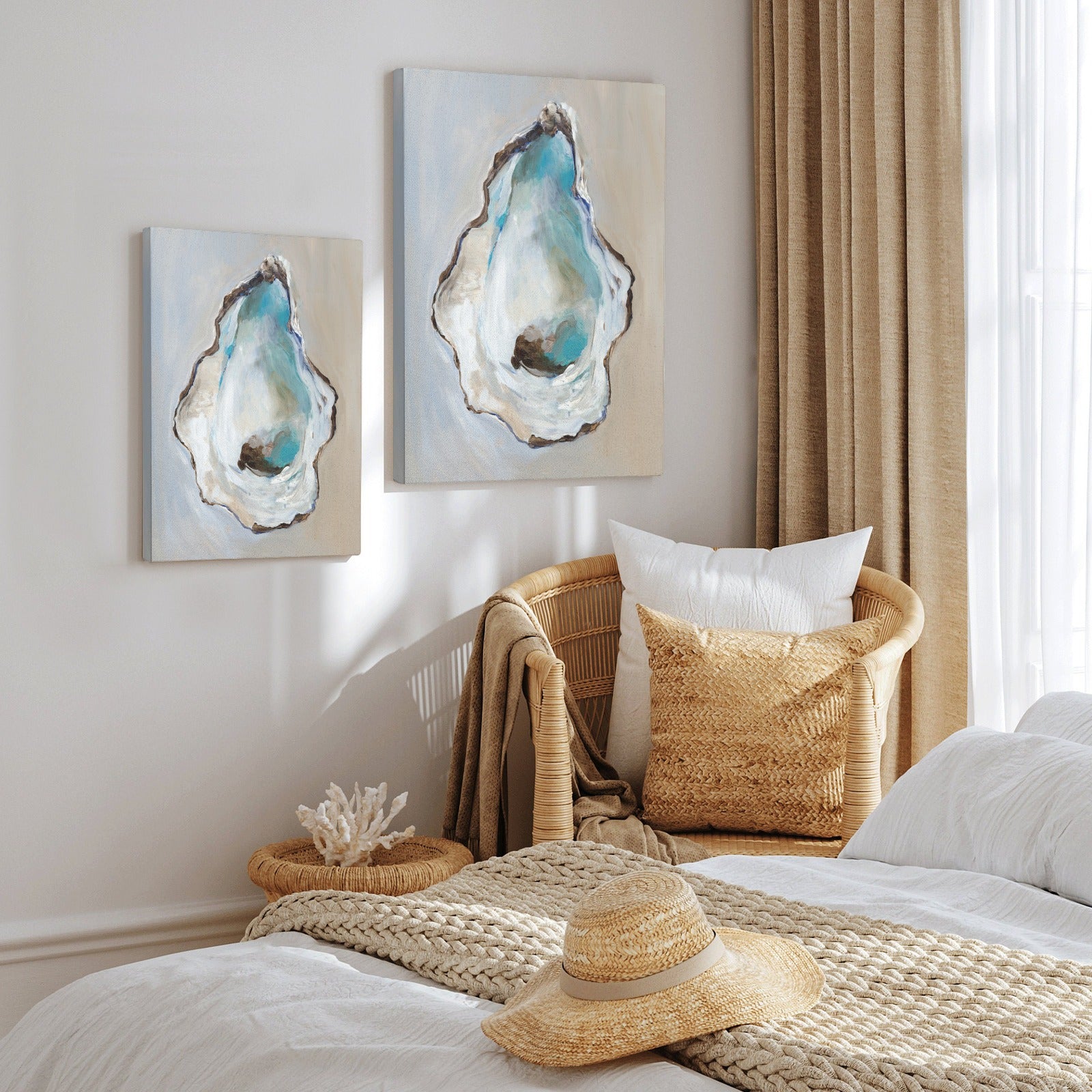 Oyster Modern Wall Art Canvas Painting in bedroom setting. Modern home decor with blue oyster shell design.