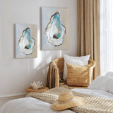 Oyster Modern Wall Art Canvas Painting in bedroom setting. Modern home decor with blue oyster shell design.