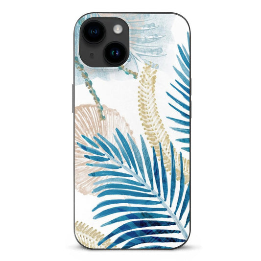 iPhone 15 phone case with blue and gold watercolor leaf design