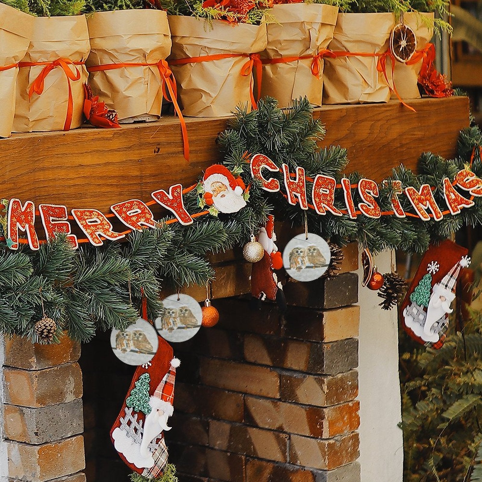 Christmas decor with owl ornaments, holiday greeting banner on ceramic pendants. Perfect for gift or home.