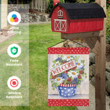 Welcome double sided garden flag made in USA, with floral arrangement in star pot. Fade & mildew resistant.