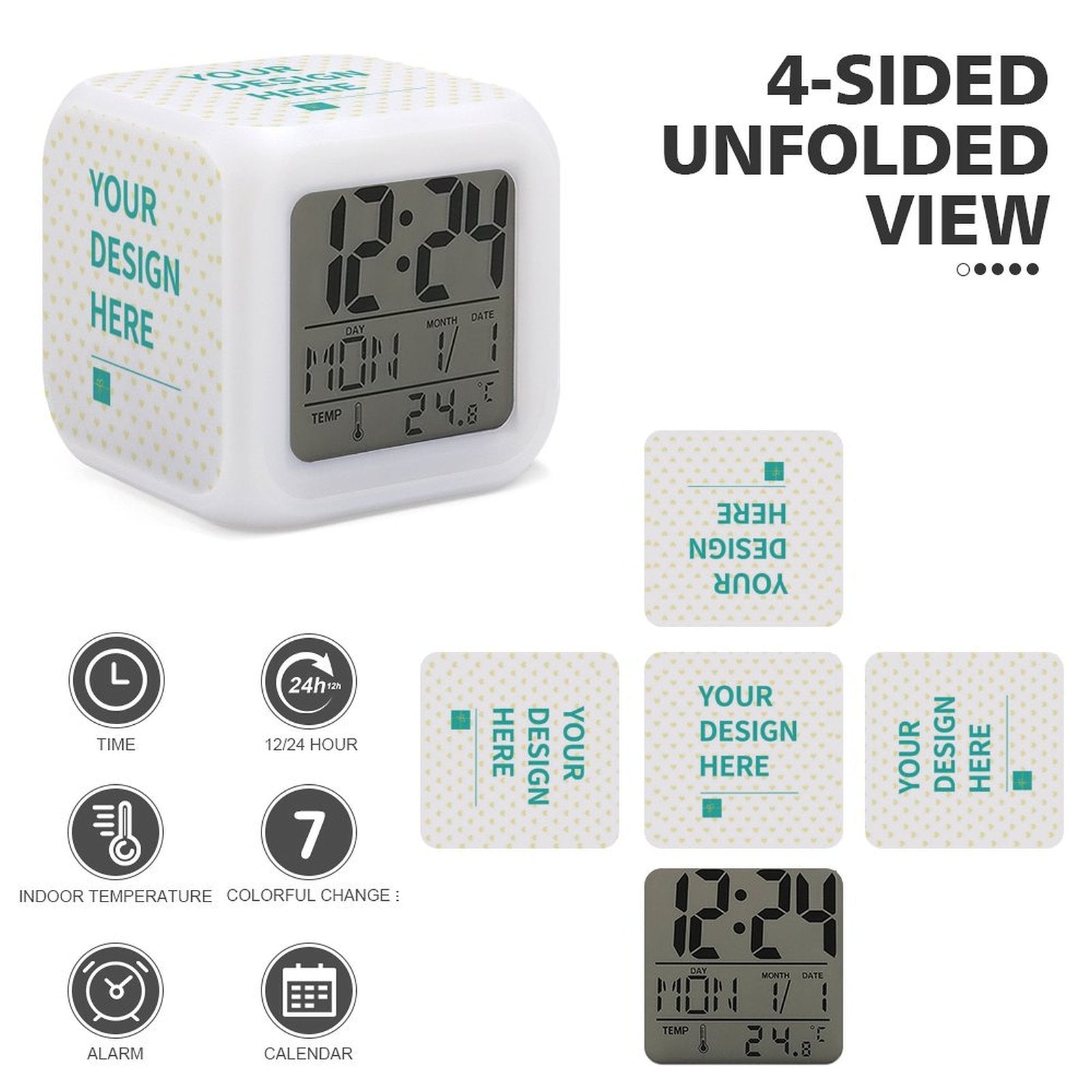 Custom LED alarm clock for bedroom, customizable design with time, date, and temperature display.