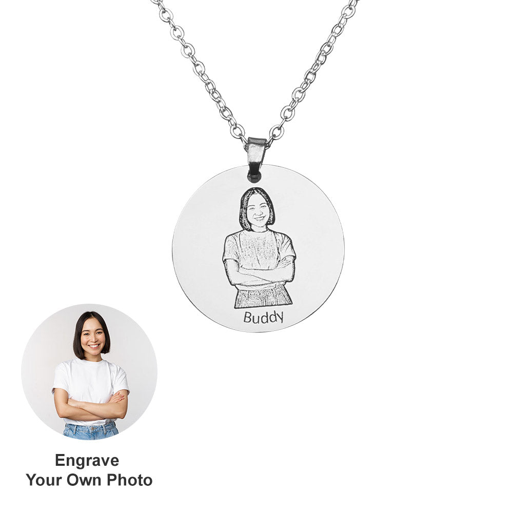 Personalized picture necklace with engraved photo, titanium steel, custom keepsake. Engrave your own photo and text