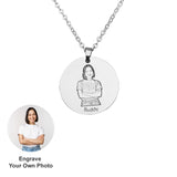 Personalized picture necklace with engraved photo, titanium steel, custom keepsake. Engrave your own photo and text