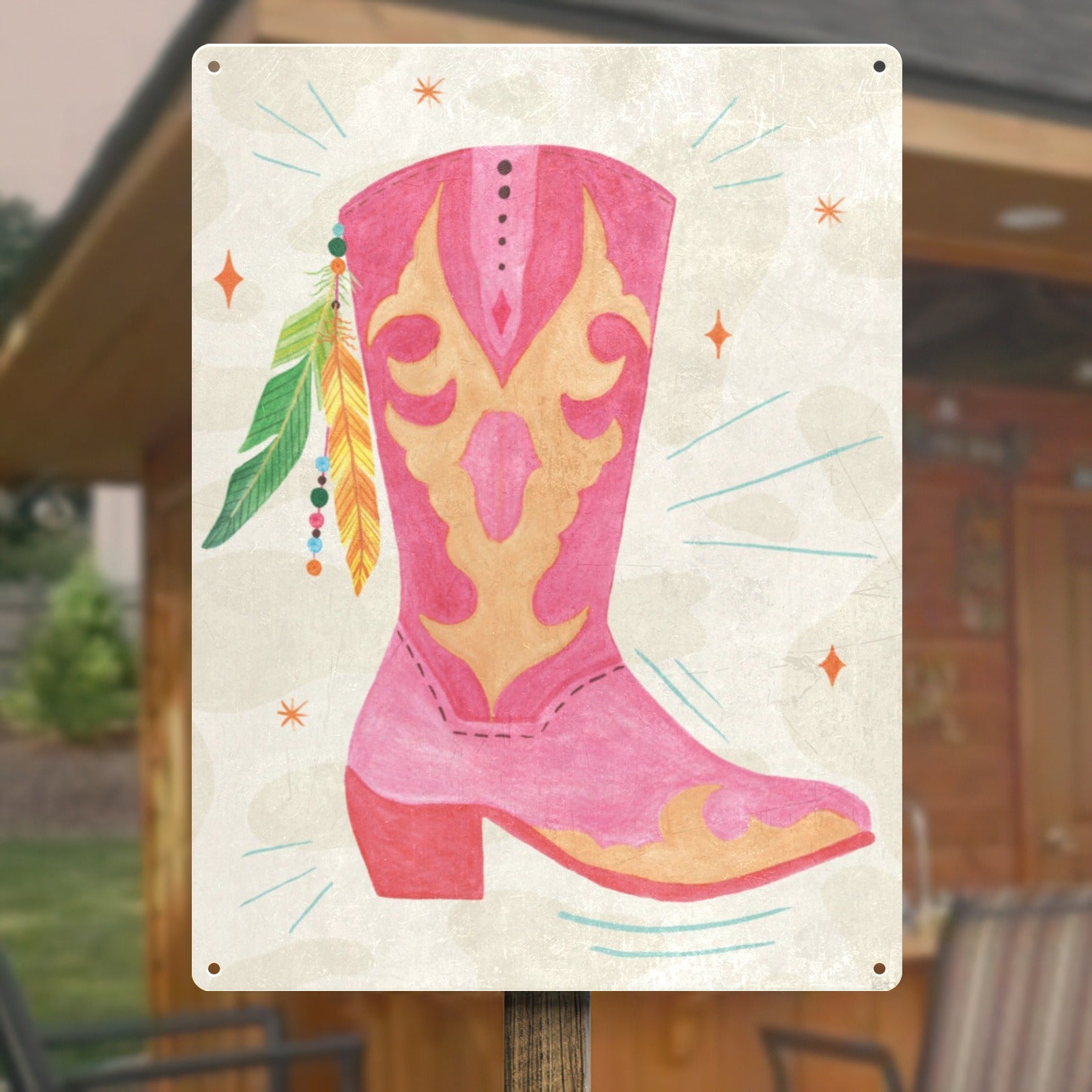 Pink cowgirl boot tin sign home decor; vintage design with feathers and star accents, USA made