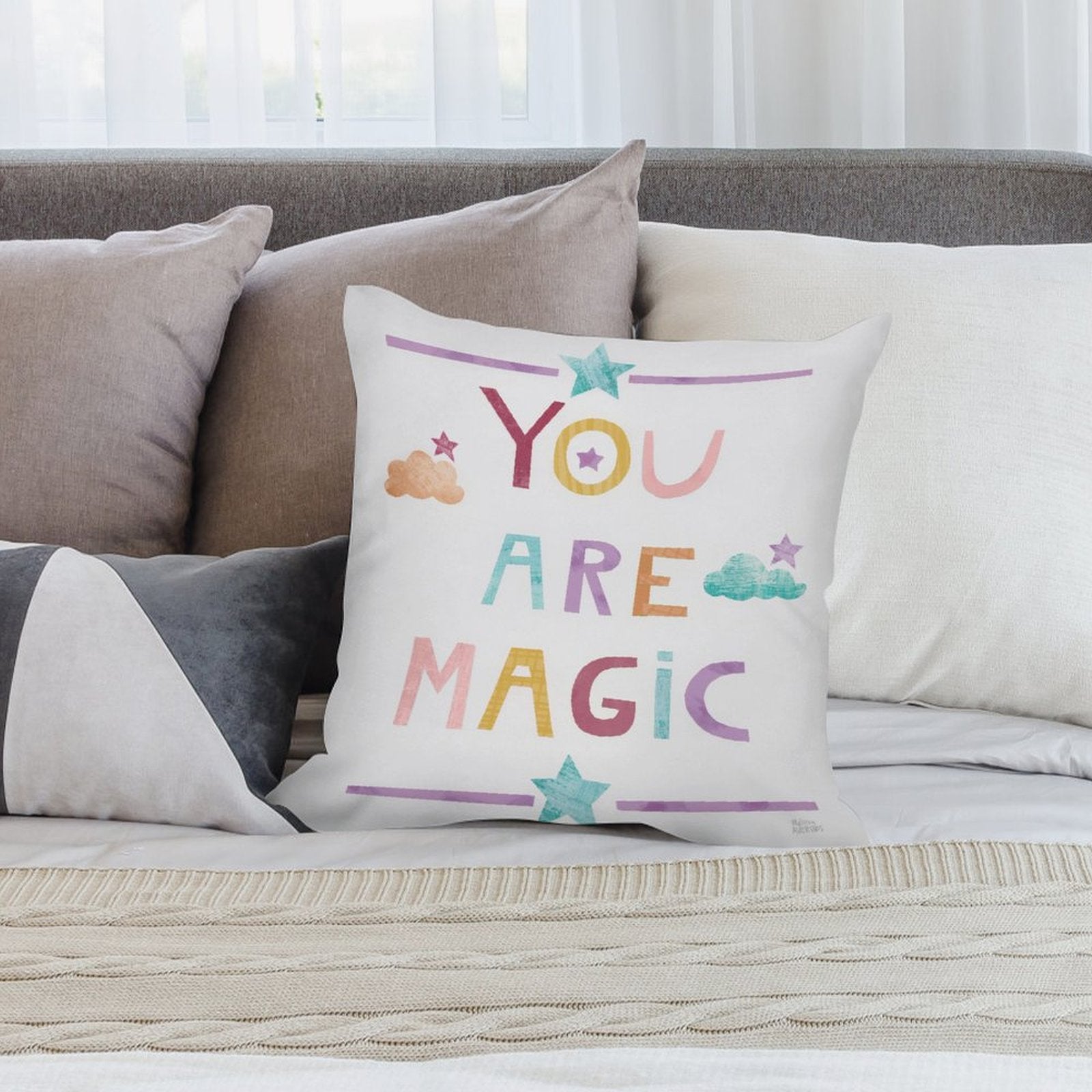White plush pillow cover with 'YOU ARE MAGIC' design, soft and fluffy, perfect for sofa or couch decor