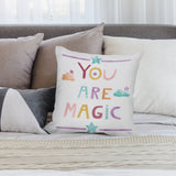 White plush pillow cover with 'YOU ARE MAGIC' design, soft and fluffy, perfect for sofa or couch decor