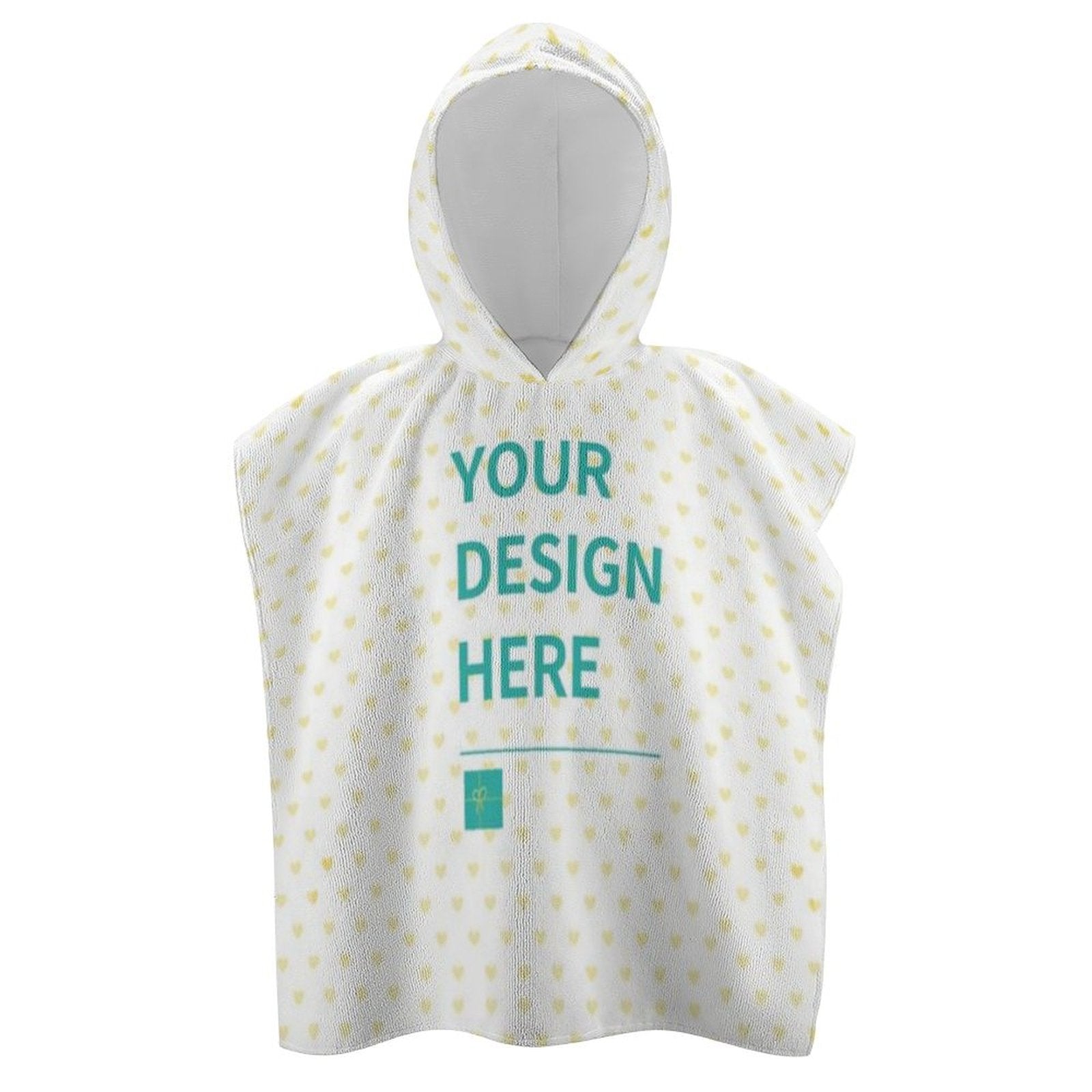 Customizable baby hooded towel with heart patterns, perfect for bath or beach, featuring "YOUR DESIGN HERE".
