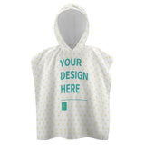 Customizable baby hooded towel with heart patterns, perfect for bath or beach, featuring "YOUR DESIGN HERE".