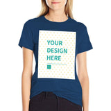 Custom dark blue women's summer tee with 'YOUR DESIGN HERE' design. Short sleeve, round neck. Customize now!