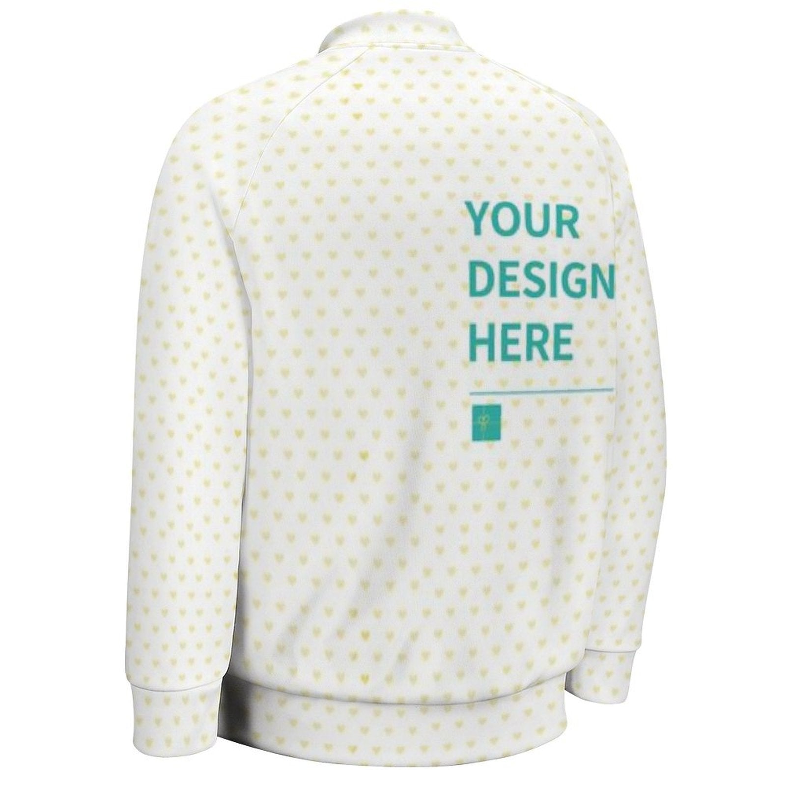 Customizable white baseball jacket with heart pattern and 'YOUR DESIGN HERE' text for personalized gifts.