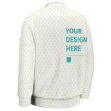 Customizable white baseball jacket with heart pattern and 'YOUR DESIGN HERE' text for personalized gifts.
