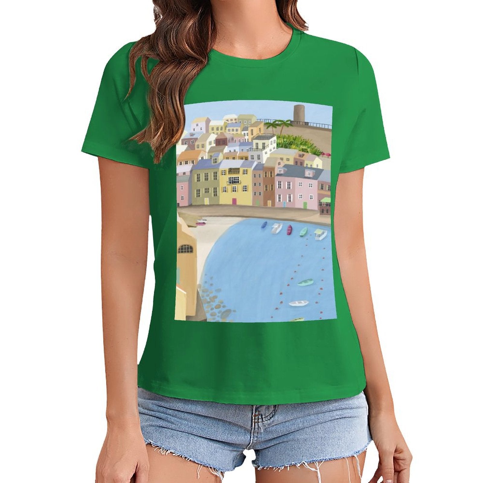 Women's green t-shirt with coastal town art print. Comfortable and stylish tee from MyArtsyGift.