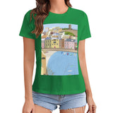 Women's green t-shirt with coastal town art print. Comfortable and stylish tee from MyArtsyGift.