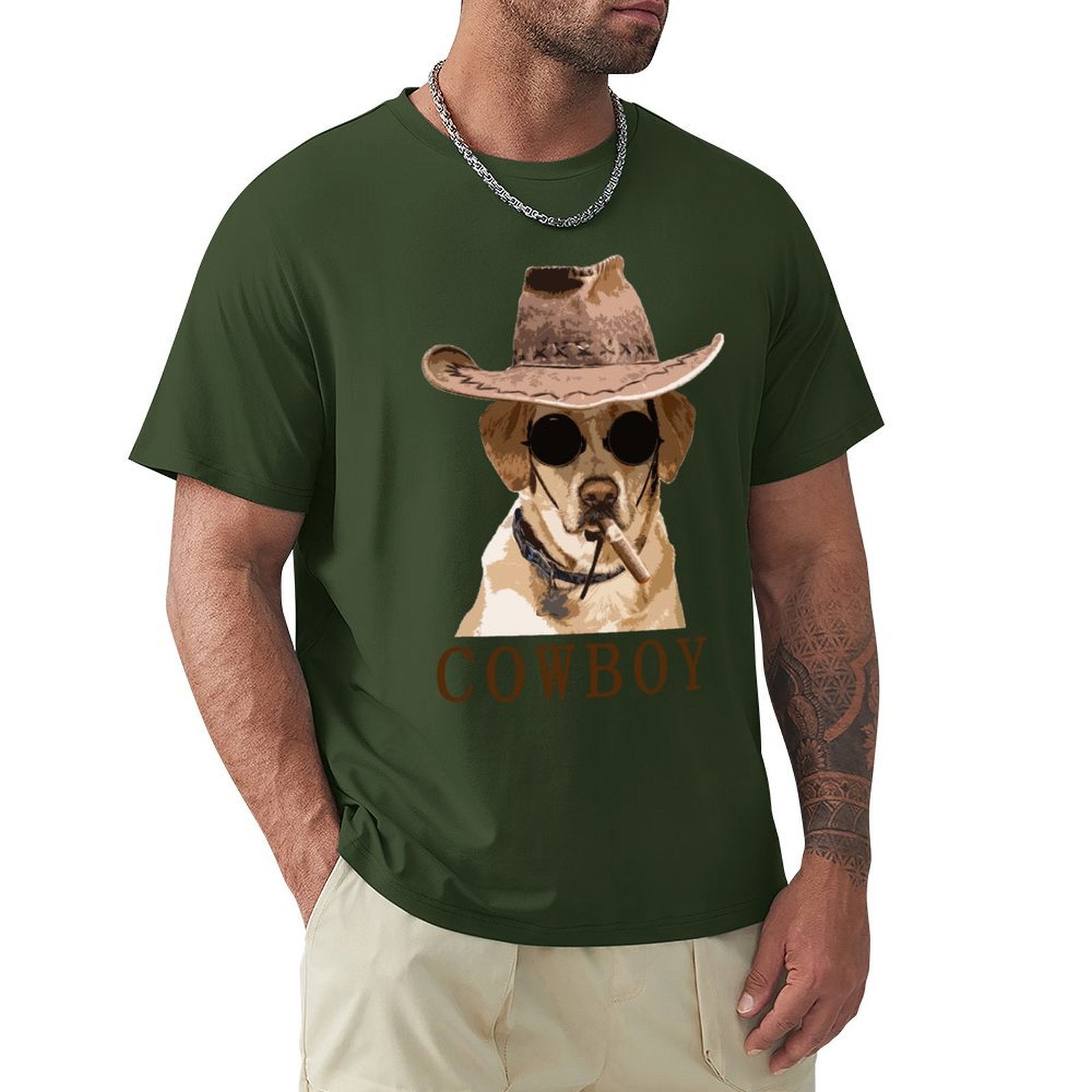 Men's green t-shirt with cowboy dog graphic. Casual crew neck tee, breathable cotton fabric.