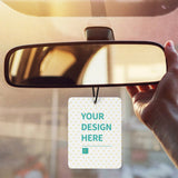Customizable air freshener for car with 'YOUR DESIGN HERE' text and heart pattern.