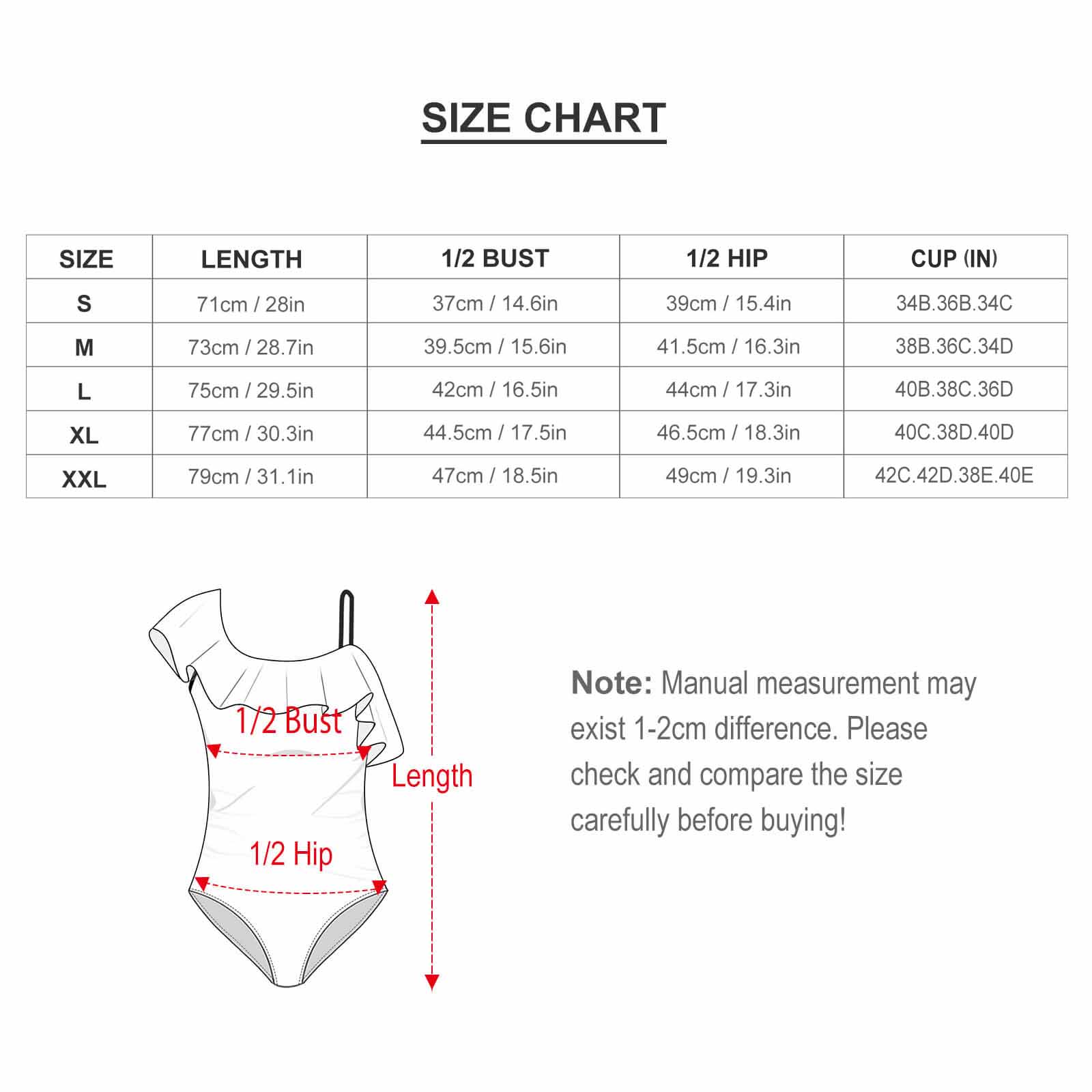 Custom one-piece swimsuit size chart with bust, hip and length measurements, check sizes before buying.