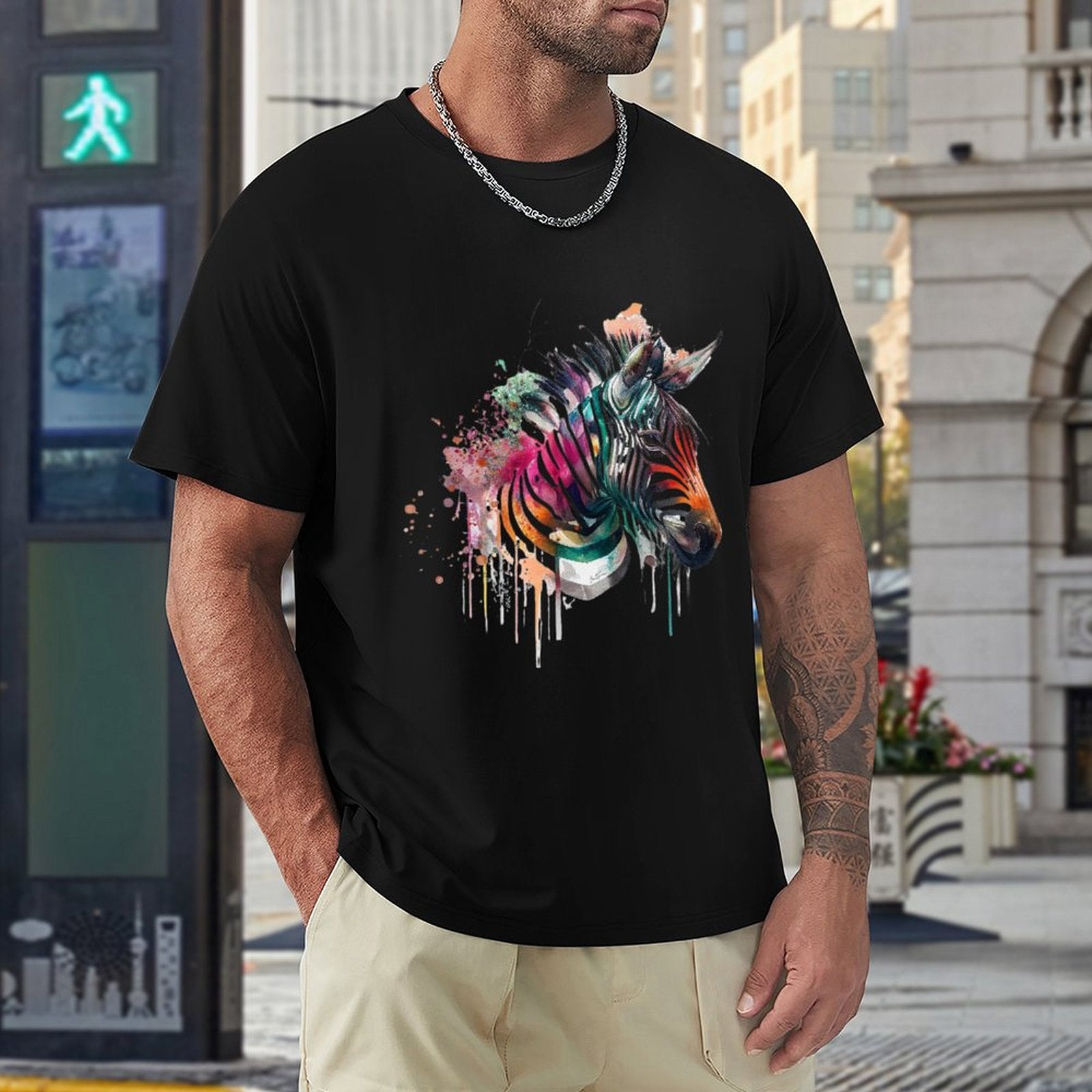 Men's black crew neck t-shirt with watercolor zebra print, perfect for everyday wear and self-expression.