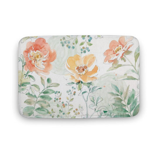 Coral velvet bath rug with watercolor floral design. Non-slip, quick-drying, and suitable for bathroom, kitchen, or bedroom.