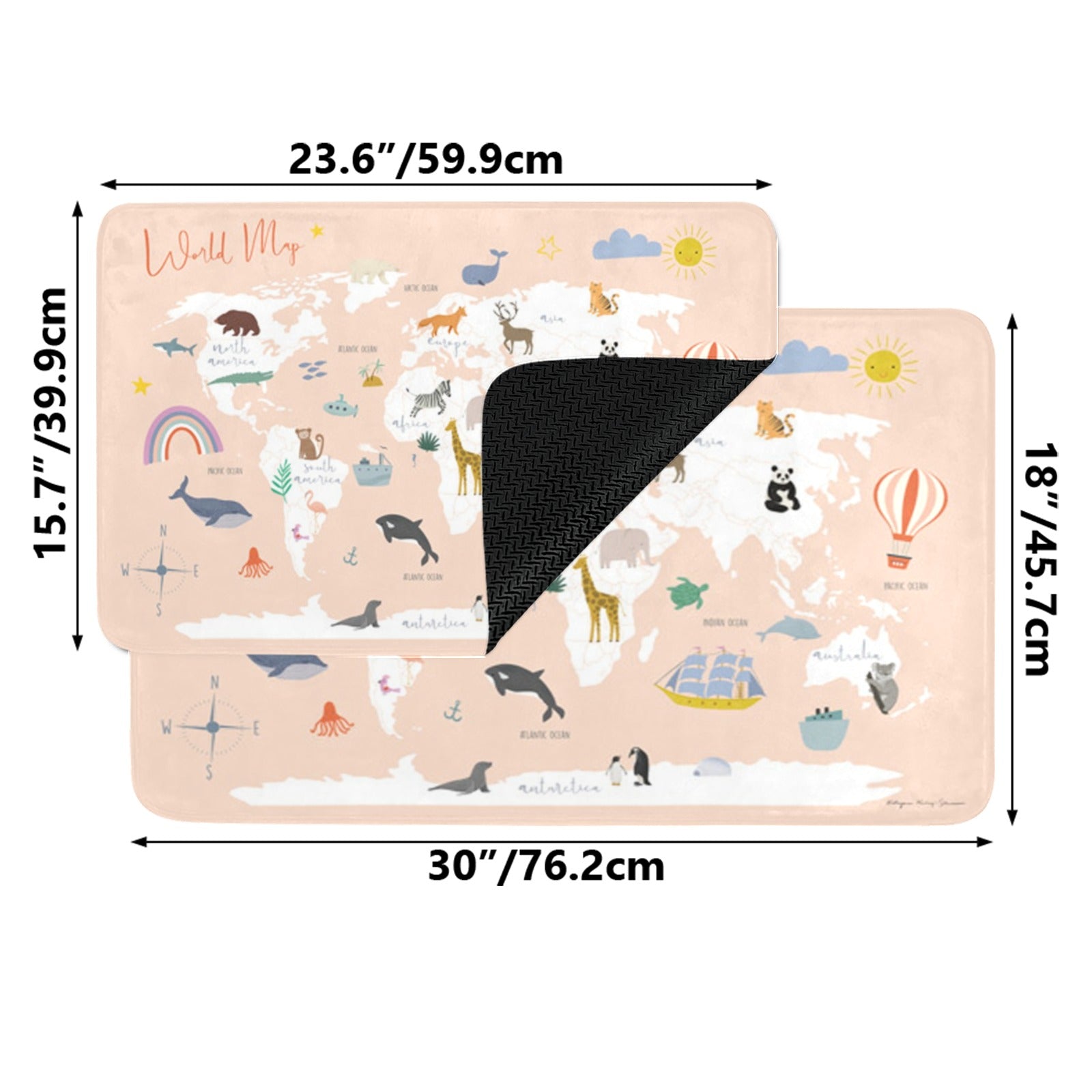 World map doormat with animal illustrations, for indoor/outdoor use, rubber floor mat. Dimensions shown.