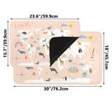 World map doormat with animal illustrations, for indoor/outdoor use, rubber floor mat. Dimensions shown.